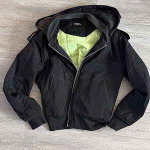 TNA Black Hooded bomber Jacket with Lime Green Lining
